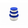 Round stainless steel lunchbox w. cobalt blue silicone lid
