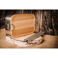 Set Beechwood & Stainless Steel – Lunchbox with Beechwood Lid & Drinking Straws