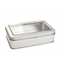 Silver Rectangular Hinged Lid Storage Tin and Viewing Window 145 x 90 x 35 mm