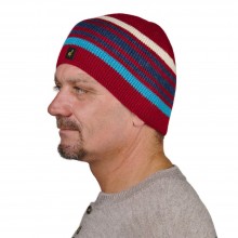 Unisex Beanie Norway, 100% Baby Alpaca, striped knit hat, red