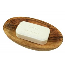 Oval Olive Wood Soap Dish with Draining Holes & Bormes les Mimosa vegetable Soap, Milk