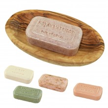 Oval Olive Wood Soap Dish with Draining Holes & Bormes les Mimosa vegetable Soap, various scents