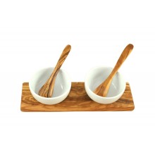 Dipping Bowl Set CLASSIC, Porcelain dish Ø 8.5 cm on an Olive Wood Tray incl. 2 Spoons made Olive Wood, 5-part