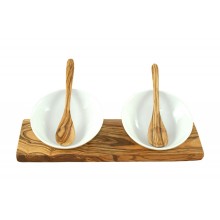 Dipping Bowl DESIGN, 2x Porcelain dish Ø 10 cm bevelled, on an olive wood base incl. 2 Spoons made of Olive Wood, 5-part 