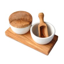 Spice & Dip Bowls BARTOLO 5-part with Salt Shovel, Porcelain & Olive Wood
