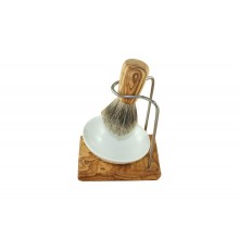 Shaving Brush Set DESIGN PLUS of Olive Wood with Badger Hair Shaving Brush & Porcelain Shaving bowl, oblique Ø ca. 10 cm