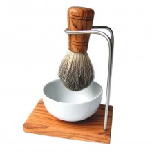 3 Piece Olive Wood Shave Set DESIGN with Badger Hair Shaving Brush & Porcelain Bowl, Ø 8.5 cm