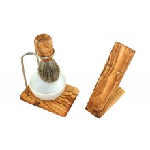 4 Piece Olive Wood Shave Set DESIGN with Wet Razor Stand, Badger Hair Shaving Brush & Porcelain Bowl, Ø 8.5 cm
