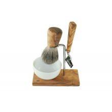 Olive Wood Shaving Kit CLASSIC, 4 pieces, with Razor, Badger Hair Shaving Brush, Holder & Porcelain Dish