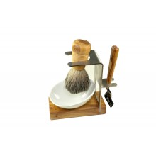 4 pieces Shaving Set AMRUM made of Olive Wood & Stainless Steel, with Shaver & Badger Hair Shaving Brush