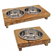 Dog & Cat & Pet Feeder Bowls LUCKY ONE & TWO, Olive Wood Stand & Stainless Steel Bowls