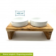 Pet Feeding Station DANDY PLUS Elevated Olive Wood Stand & 2 x 0.4 l Pottery Bowls, engraving possible