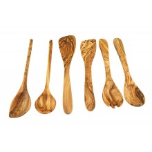 Olive Wood Kitchen Set & Cup, 6-pieces, Cooking Spoon, Spatula & Salad Cutlery