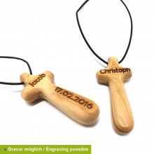 Olive Wood Cross Pendant with Leather Strap, Engraving possible