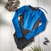 Long Sleeve One Piece Swimsuit Bicolour Blue/Black, ECONYL® Bathing Suit UPF 50+