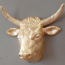 Gold Bull Head Wall Sculpture, Eco Paper-Mache & Schlag Metal Design