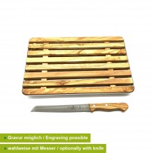 Breadboard made of Olive Wood, optionally with Bread Knife, Engraving possible