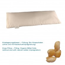 Knee pillow with organic millet hulls with natural rubber impregnation in organic cotton cover