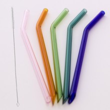 10 transparent or colourful curved Glass Drinking Straws 22 cm, bevelled bottom, incl. Cleaning Brush