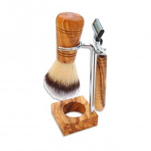 Shaving Holder RUDI PLUS, olive wood & vegan Shaving Brush SIR GEORGE & Wet Shaving Razor MAKALU