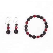 Natural Jewellery Set LALITA – Bracelet & Earrings Seed Pearls & Semiprecious Stones Brown/Red