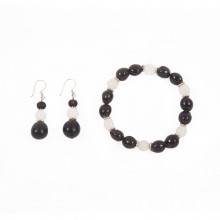 Natural Jewellery Set LALITA – Bracelet & Earrings Seed Pearls & Semiprecious Stones Brown/White
