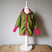 Organic Boiled Wool Baby Jacket with Hood, Green-Pink