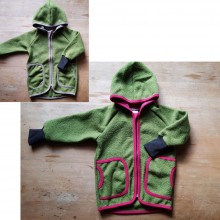 Eco Wool Broadcloth Kids Hoodie Jacket with Zipper, Olive with colourful seams